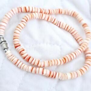 Red Luhuanus Shell Heishi Beaded Single Strand Necklace w Barrel Screw Clasp
